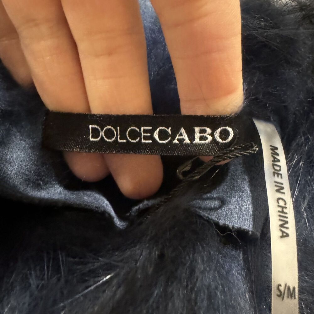 NWT Dolce Cabo Poncho Faux Suede Navy Blue Raccoon Fur Trim Luxe Cape Wrap S/M - Picture 2 of 9